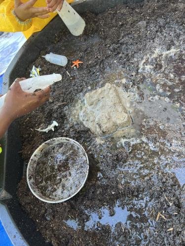 Bevroren zand ontdooien met een plantenspuit met lauwwarm  water.